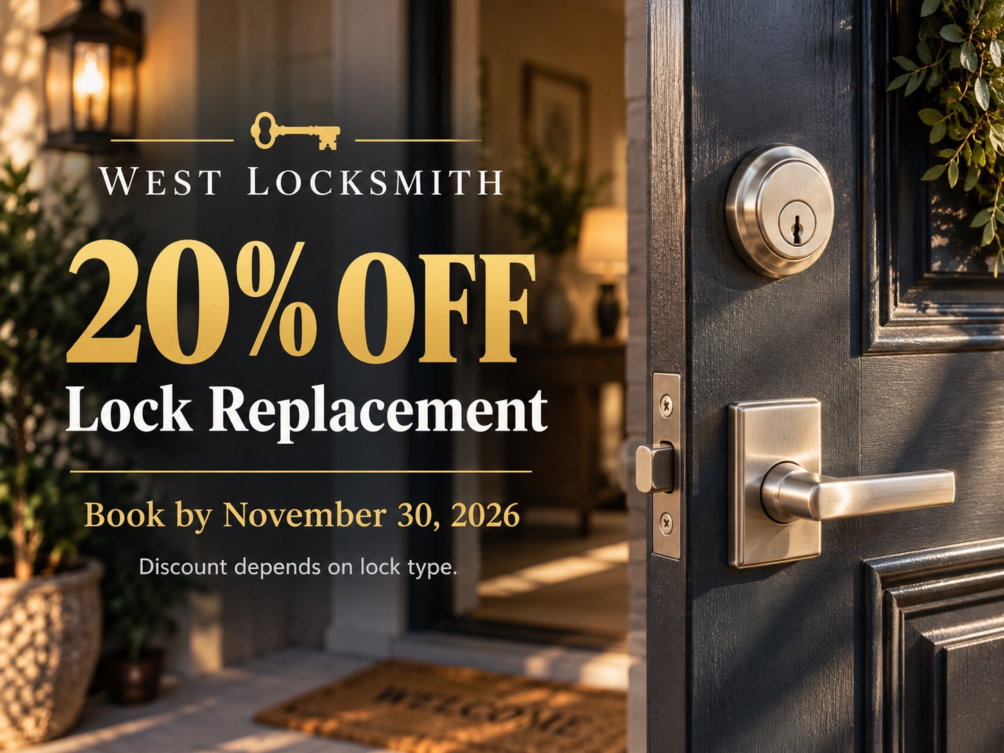 West Locksmith 20% off lock replacement offer — book by November 30, 2026